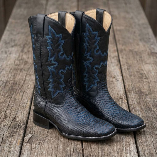 CP5008 - Cowboy Prayer Men's Black Python Print w/Blue Underlay Western Boots