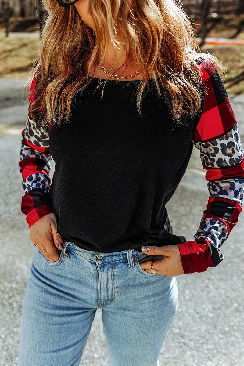 Load image into Gallery viewer, DLLS277 - Ladies Black Off Shoulder Plaid&amp;Leopard Print Long Sleeve Top
