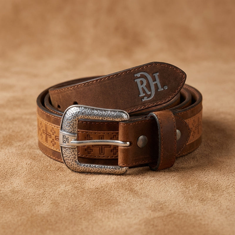 Load image into Gallery viewer, 2520670242 - Red Dirt Hat Co. Men's Genuine Leather Belt W/ Tan Square Cross
