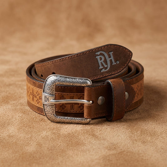 2520670242 - Red Dirt Hat Co. Men's Genuine Leather Belt W/ Tan Square Cross