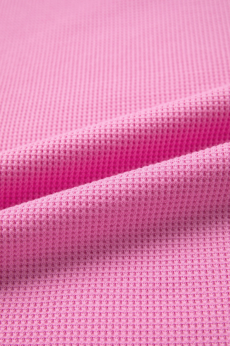 Load image into Gallery viewer, DLLS460 - Ladies Bright Pink Waffle Textured Contrast Striped Patchwork Loose T Shirt
