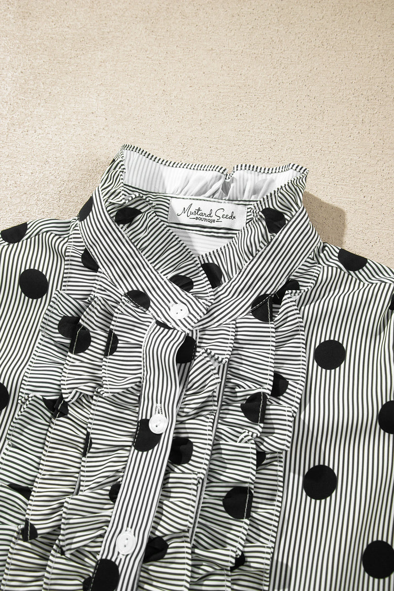 Load image into Gallery viewer, DLLS1138 - Ladies Black White Polka Dot Striped Print Ruffle 3/4 Sleeve Shift Shirt
