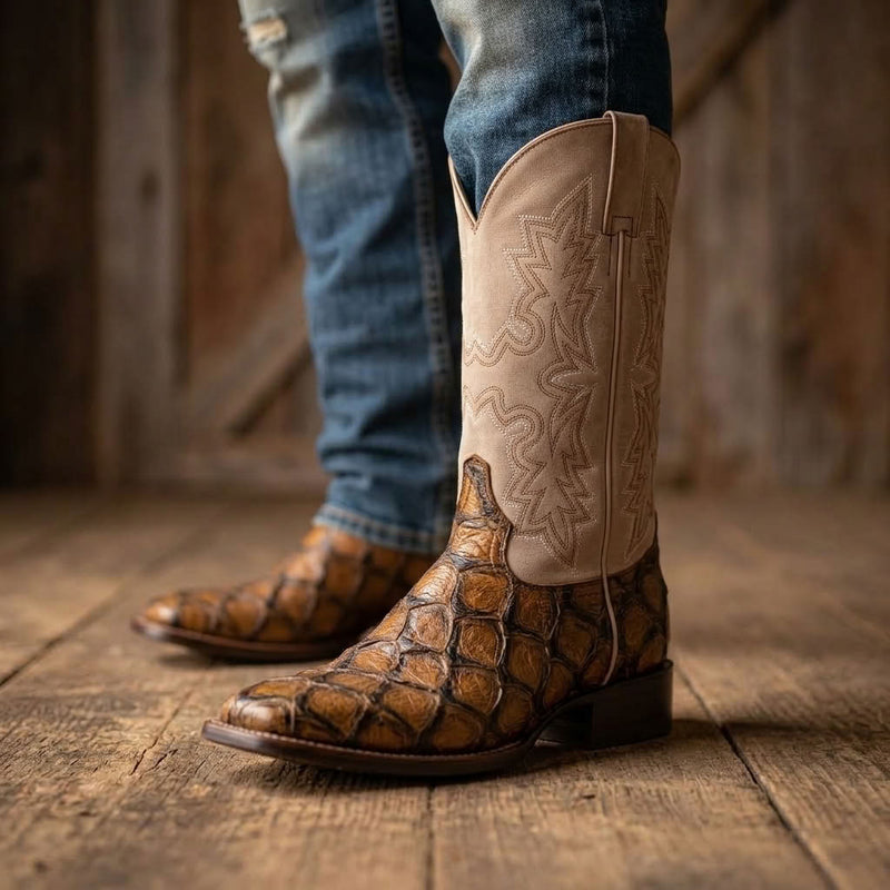 Load image into Gallery viewer, CP5015 - Cowboy Prayer Hand Crafted Golden Brown Pirarucu Print Cowboy Boots
