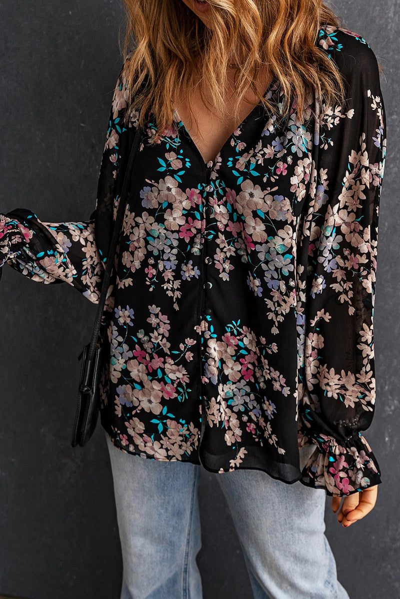 Load image into Gallery viewer, DLLS367 - Ladies Black Wildflower Print Chiffon Blouse
