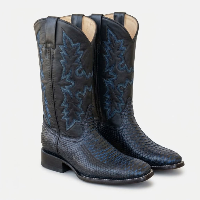 Load image into Gallery viewer, CP5008 - Cowboy Prayer Men's Black Python Print w/Blue Underlay Western Boots
