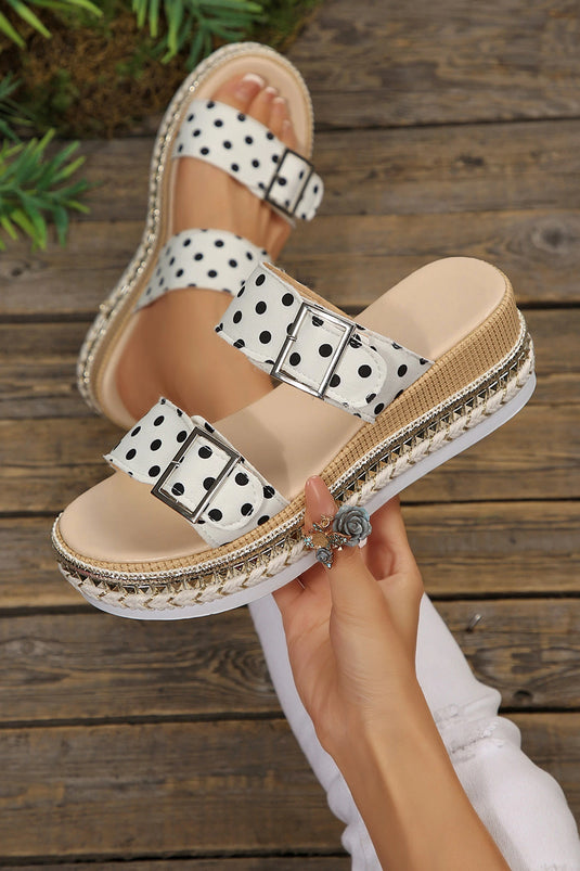 DLLSHOE 163 - White Polka Dot Pattern Double Buckle Straps Hollow Out Platform Slippers