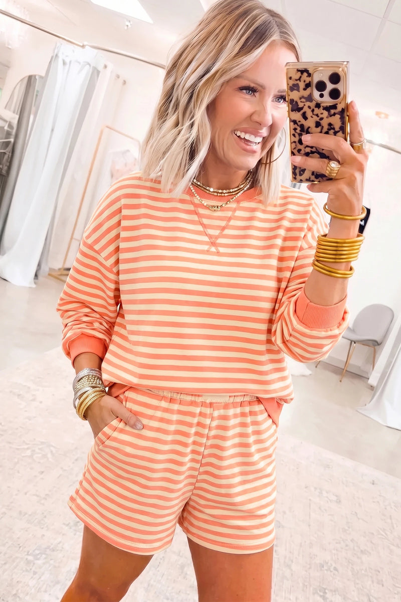 Load image into Gallery viewer, DLLS1098 - Ladies Grapefruit Orange Drop Shoulder Long Sleeve Pullover Elastic Waist Casual Short Set
