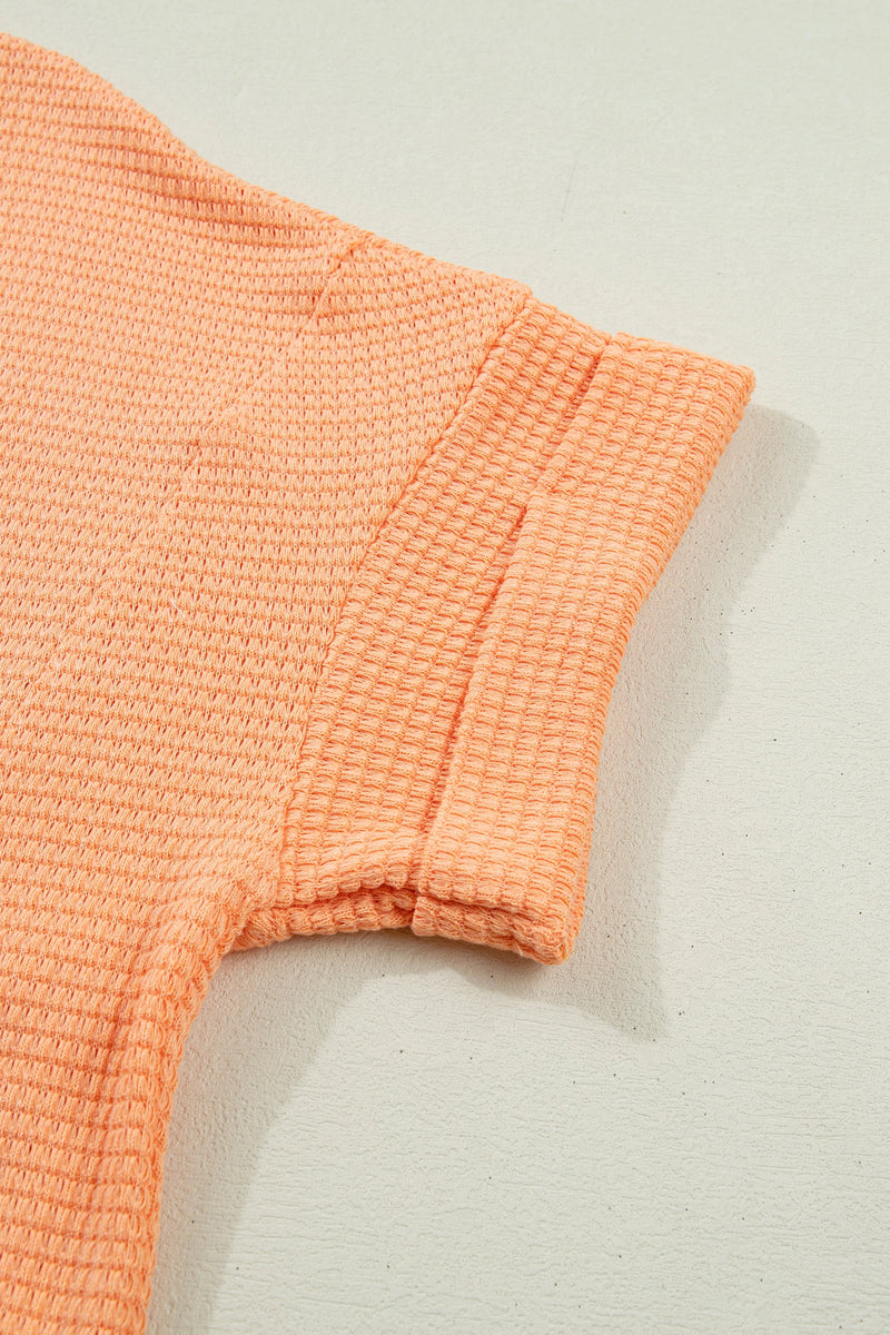 Load image into Gallery viewer, DLLS527 - Ladies Grapefruit Orange Waffle V Neck Short Sleeve Knit Top
