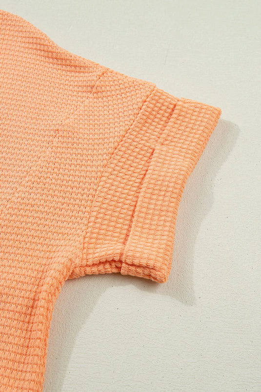 DLLS527 - Ladies Grapefruit Orange Waffle V Neck Short Sleeve Knit Top