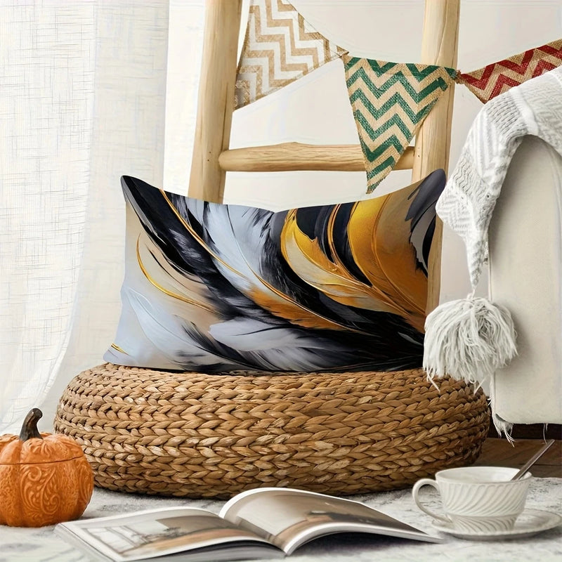 Load image into Gallery viewer, TMPL93 - 1 Piece - 12&quot; x 20&quot; Gold &amp; Black Feather Printed Throw Pillow
