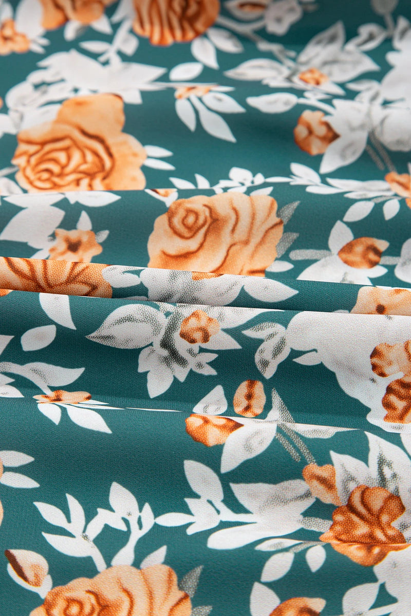 Load image into Gallery viewer, DLLS586 - Ladies Green Floral Print Trimmed V Neck Tie Waist Sleeveless Long Dress
