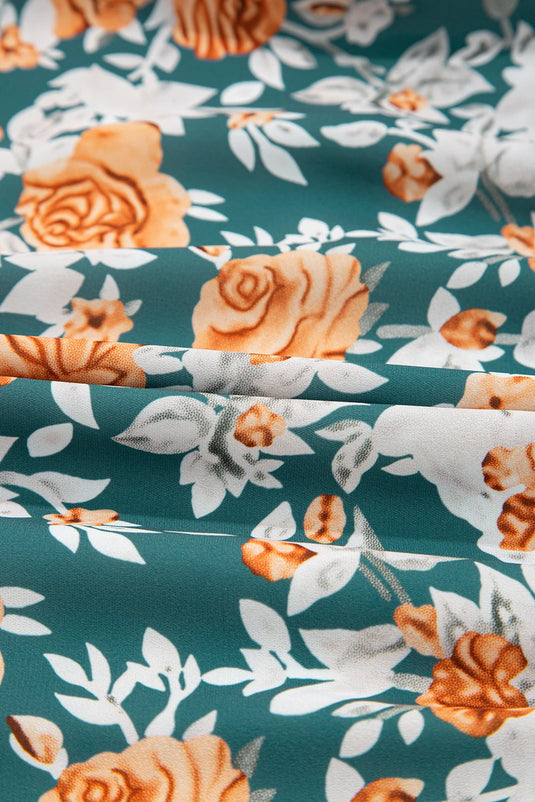 DLLS586 - Ladies Green Floral Print Trimmed V Neck Tie Waist Sleeveless Long Dress