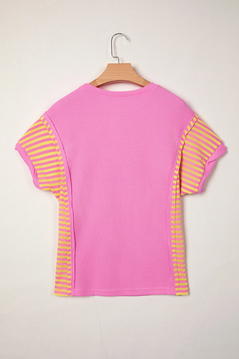 Load image into Gallery viewer, DLLS460 - Ladies Bright Pink Waffle Textured Contrast Striped Patchwork Loose T Shirt

