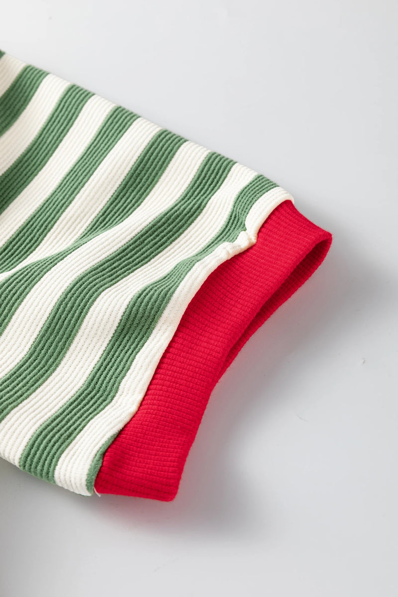 Load image into Gallery viewer, DLLS435 - Ladies Green Stripe Short Puff Sleeve Contrast Trim Round Neck Tee
