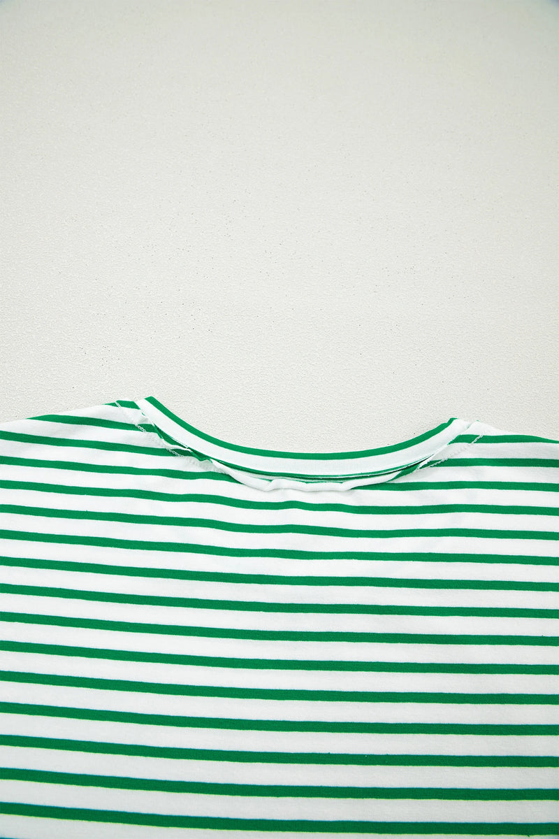 Load image into Gallery viewer, DLLS507 - Ladies Green Stripe Floral Puff Sleeve Patchwork Round Neck Loose Top
