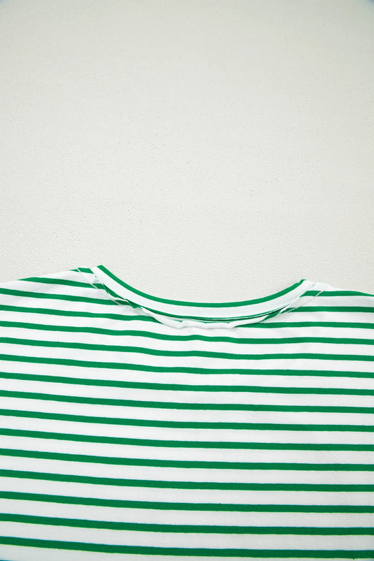 DLLS507 - Ladies Green Stripe Floral Puff Sleeve Patchwork Round Neck Loose Top