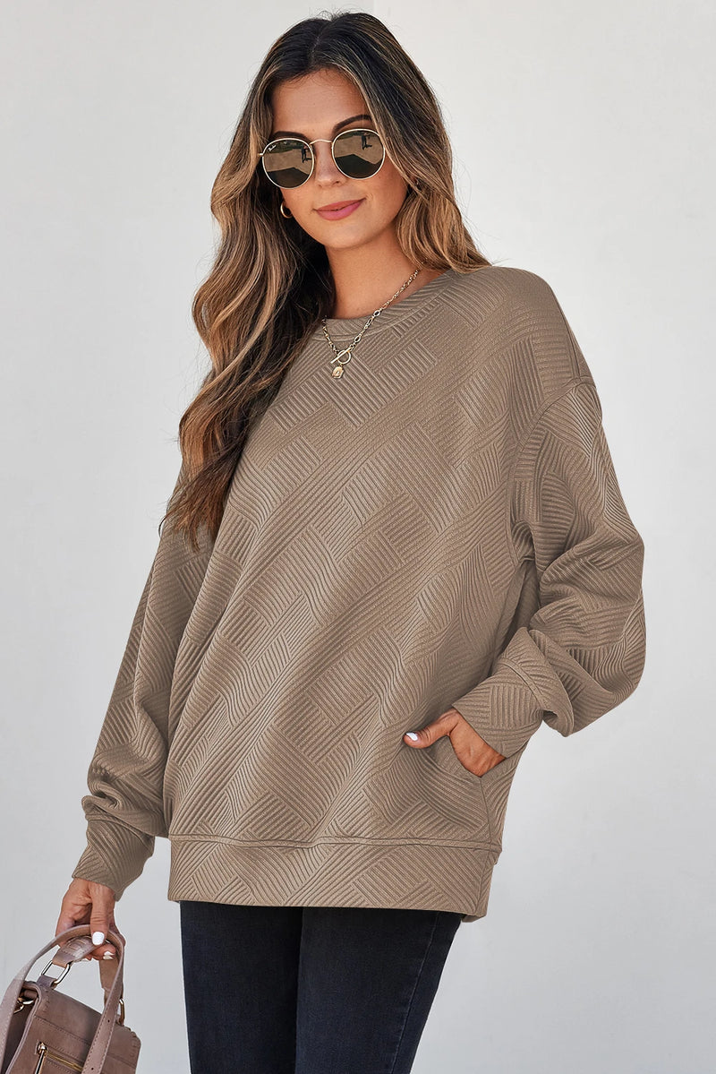 Load image into Gallery viewer, DLLS1014 - Ladies Parchment Solid Color Textured Round Neck Drop Shoulder
