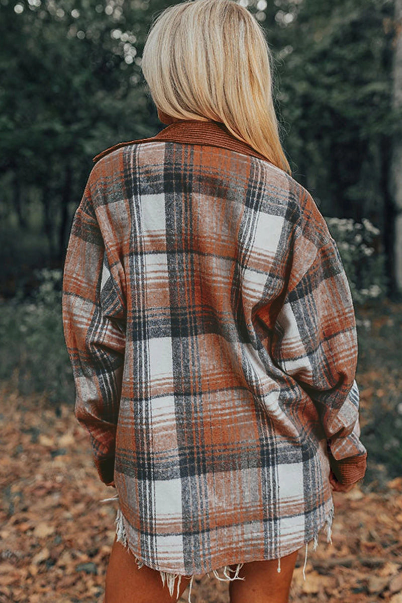 Load image into Gallery viewer, DLLS311 - Ladies Cinnamon Plaid Corduroy Patchwork Chest Pocket Shacket
