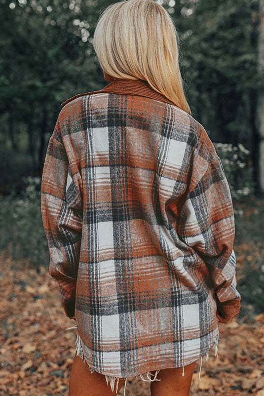 DLLS311 - Ladies Cinnamon Plaid Corduroy Patchwork Chest Pocket Shacket