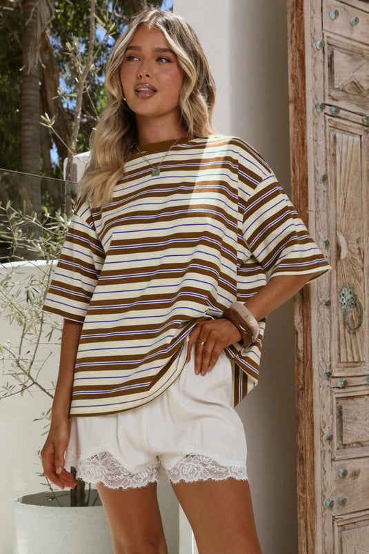 DLLS698 - Ladies Brown Stripe Women's Casual Oversized Tee