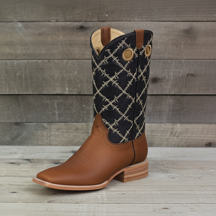 1240 - RockinLeather Men's Honey Brown Cowhide Boot W/Barbed Wire Upper