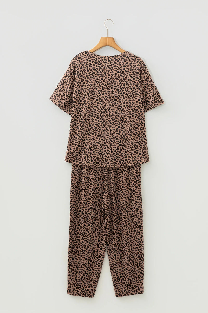 Load image into Gallery viewer, DLLS453 - Ladies Brown Leopard Loose Tee Drawstring Waist Barrel Pants Set
