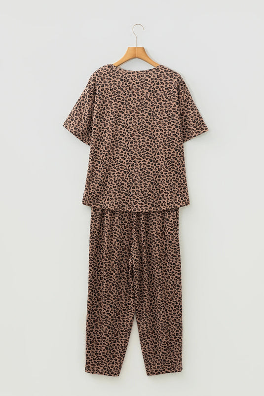 DLLS453 - Ladies Brown Leopard Loose Tee Drawstring Waist Barrel Pants Set