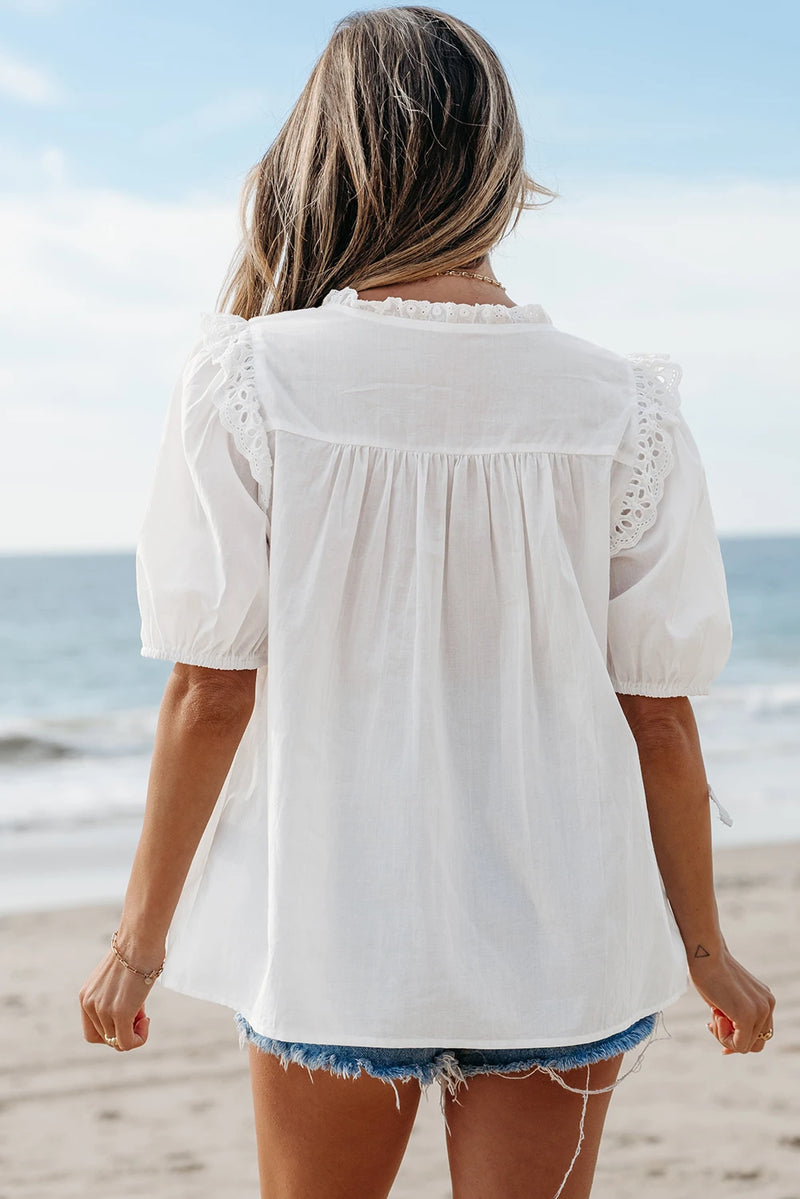 Load image into Gallery viewer, DLLS366 - Ladies White Embroidered Lace Patchwork Tie Neck Puff Short Sleeve Blouse
