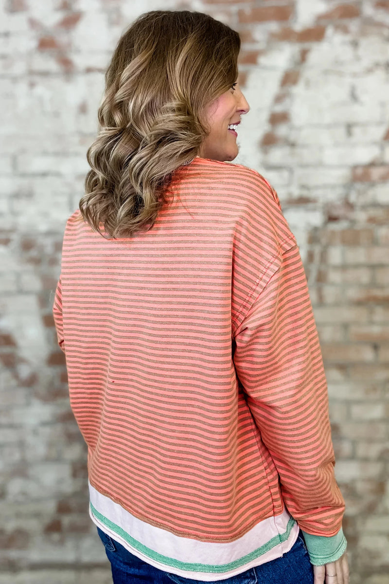 Load image into Gallery viewer, DLLS683 - Ladies Orange Striped Tunic Top with Colorblock Cuffs and Round Neck
