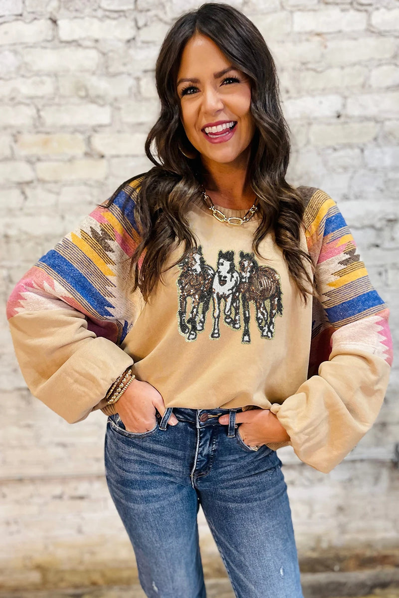Load image into Gallery viewer, DLLS751 - Ladies Light Beige Western Horses Aztec Sleeve Western Fashion Sweatshirt
