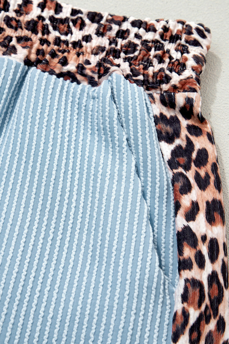 Load image into Gallery viewer, DLLS712 - Ladies Sky Blue Leopard Trim Twist Ribbed Short Set
