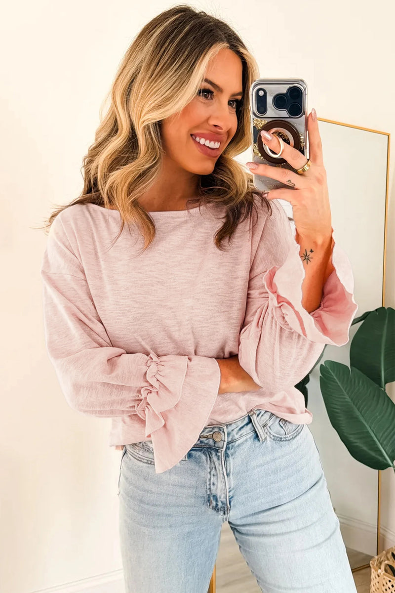 Load image into Gallery viewer, DLLS696 - Ladies Gossamer Pink Ruffle Sleeve Long Sleeve Loose Pullover Top
