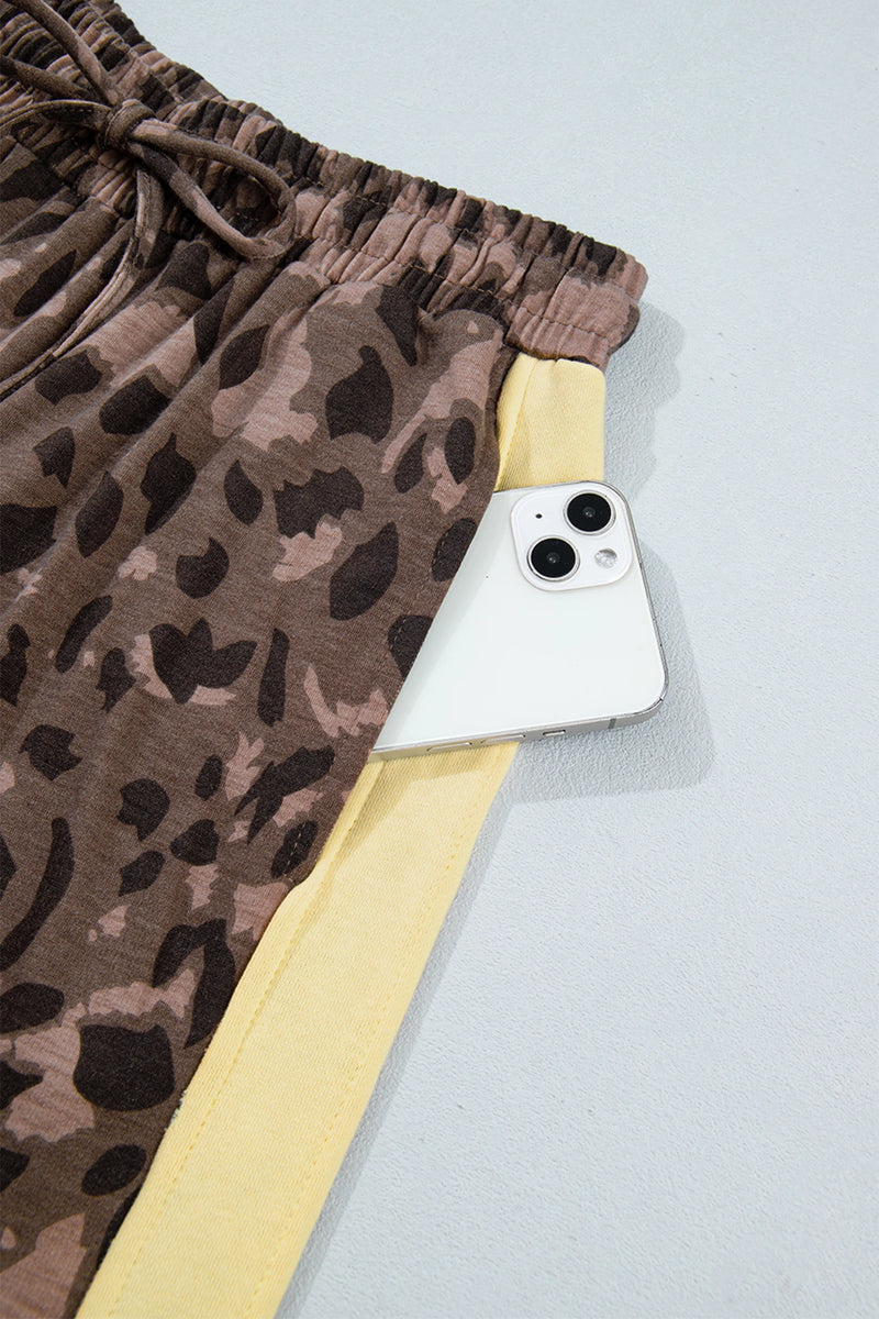 Load image into Gallery viewer, DLLS1086 - Ladies Brown Leopard Print Long Sleeve V-Neck Wide Leg Pant Set
