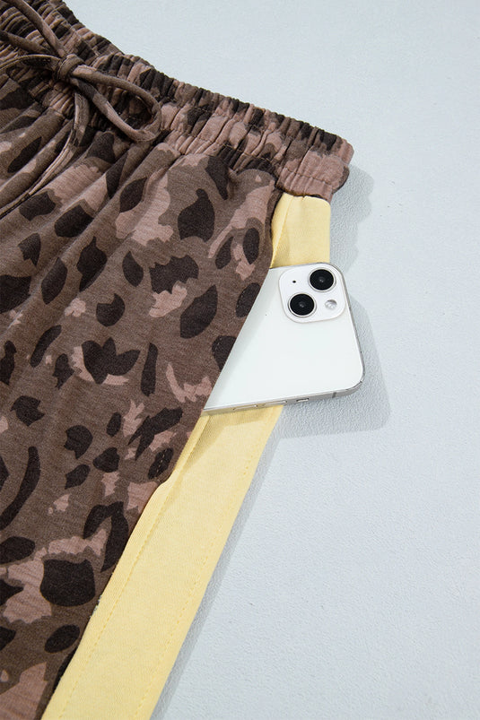 DLLS1086 - Ladies Brown Leopard Print Long Sleeve V-Neck Wide Leg Pant Set