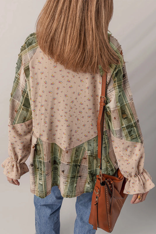 DLLS233 - Ladies Mist Green Boho Floral Plaid Patchwork Distressed Detail Ruffled Sleeve Waffle Knit Shacket