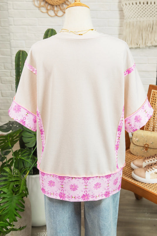 DLLS631 - Ladies Apricot Daisy Floral Bow Contrast Patchwork Loose T Shirt