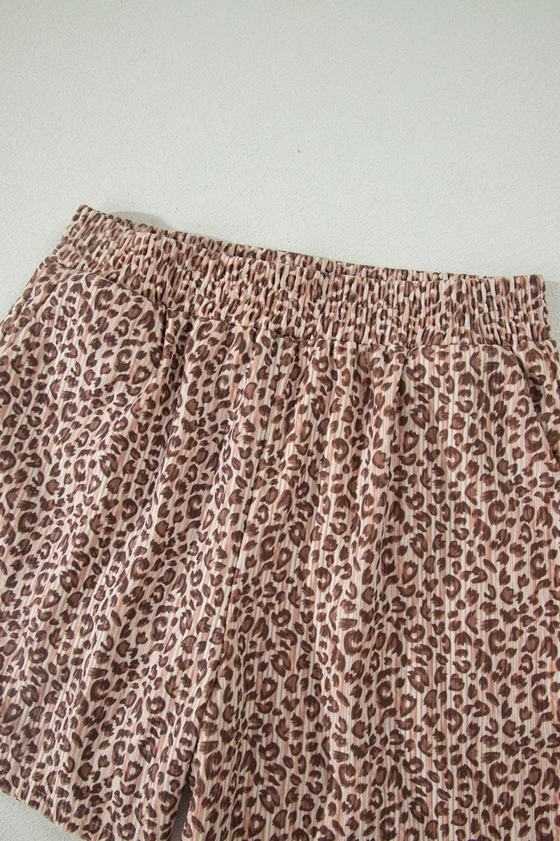 Load image into Gallery viewer, DLLS703 - Ladies Brown Leopard Print Ribbed Patchwork Half Button Loose Tee Elastic Waist Short 2pcs Set
