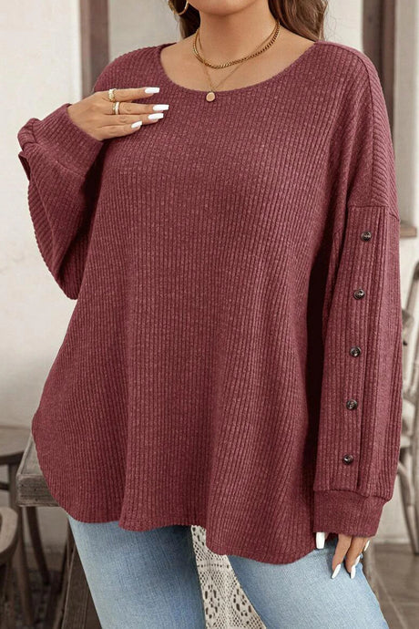 DLLS238 - Ladies Wild Ginger Plus Size Ribbed Button Decor Long Sleeve Loose Top
