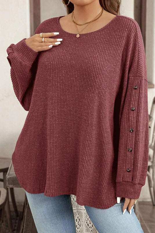 DLLS238 - Ladies Wild Ginger Plus Size Ribbed Button Decor Long Sleeve Loose Top
