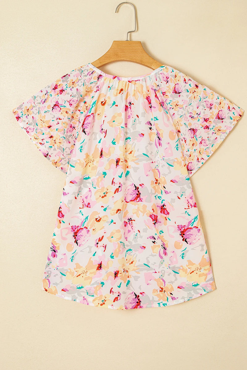 Load image into Gallery viewer, DLLS536 - Ladies Pink V-Neck Short Sleeve Fashion Print Fantasy Fluttering Blouse
