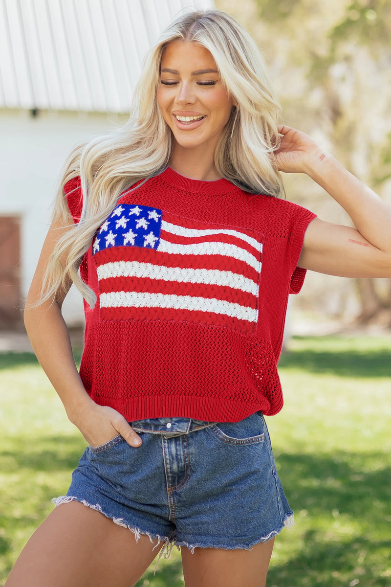 Load image into Gallery viewer, DLLS623 - Ladies Fiery Red Flag Graphic Short Sleeve Sweater Top
