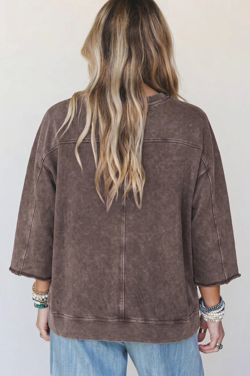 Load image into Gallery viewer, DLLS790 - Ladies Dark Brown 3/4 Sleeve Mineral Wash Loose Cotton Top
