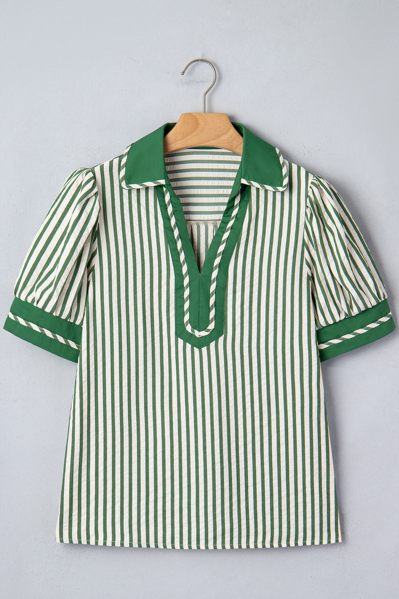 Load image into Gallery viewer, DLLS432 - Ladies Green Stripe Collared Split Neck Short Bubble Sleeve Blouse
