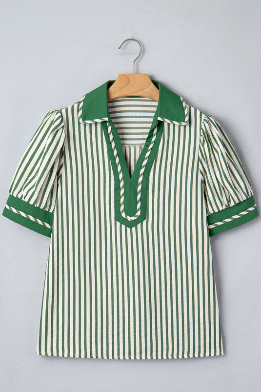 DLLS432 - Ladies Green Stripe Collared Split Neck Short Bubble Sleeve Blouse