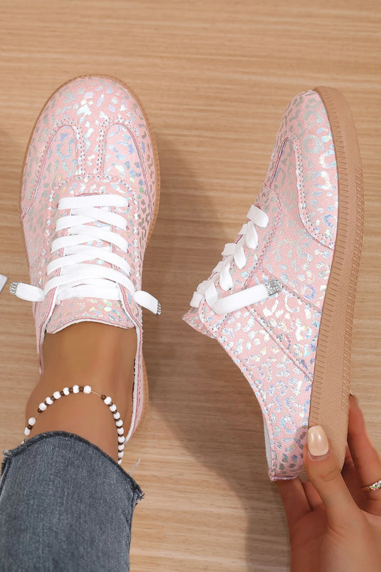 DLLSHOE 94 - Pink Shiny Leopard Print Lace Up Slip On Shoes