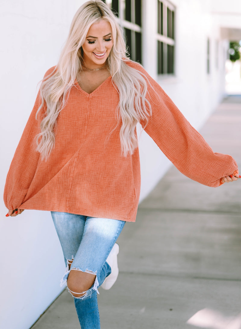 Load image into Gallery viewer, DLLS106 - Ladies Orange Crinkle Textured Frill Split Neck Puff Sleeve Blouse
