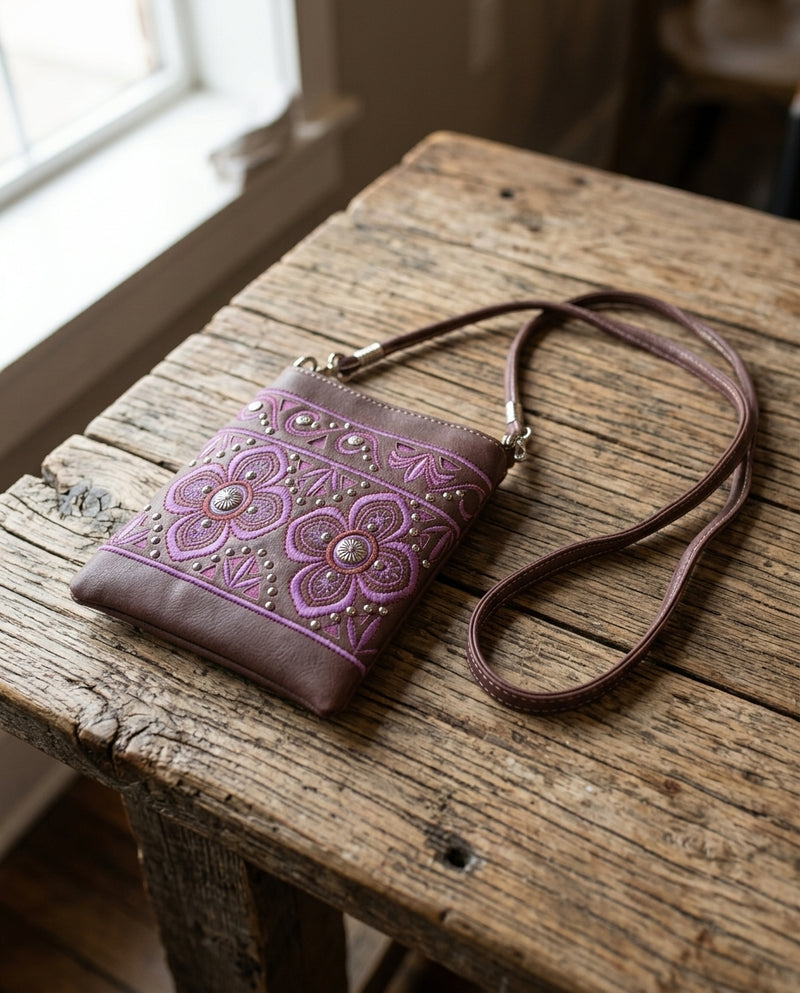 Load image into Gallery viewer, Rainbow Purse 4 - Brown with Purple Floral Design
