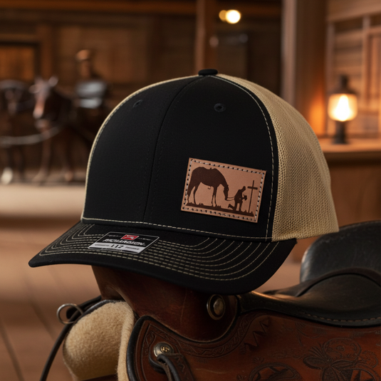 CP101 - Cowboy Prayer Leather Patch Black/Vegas Gold Cap