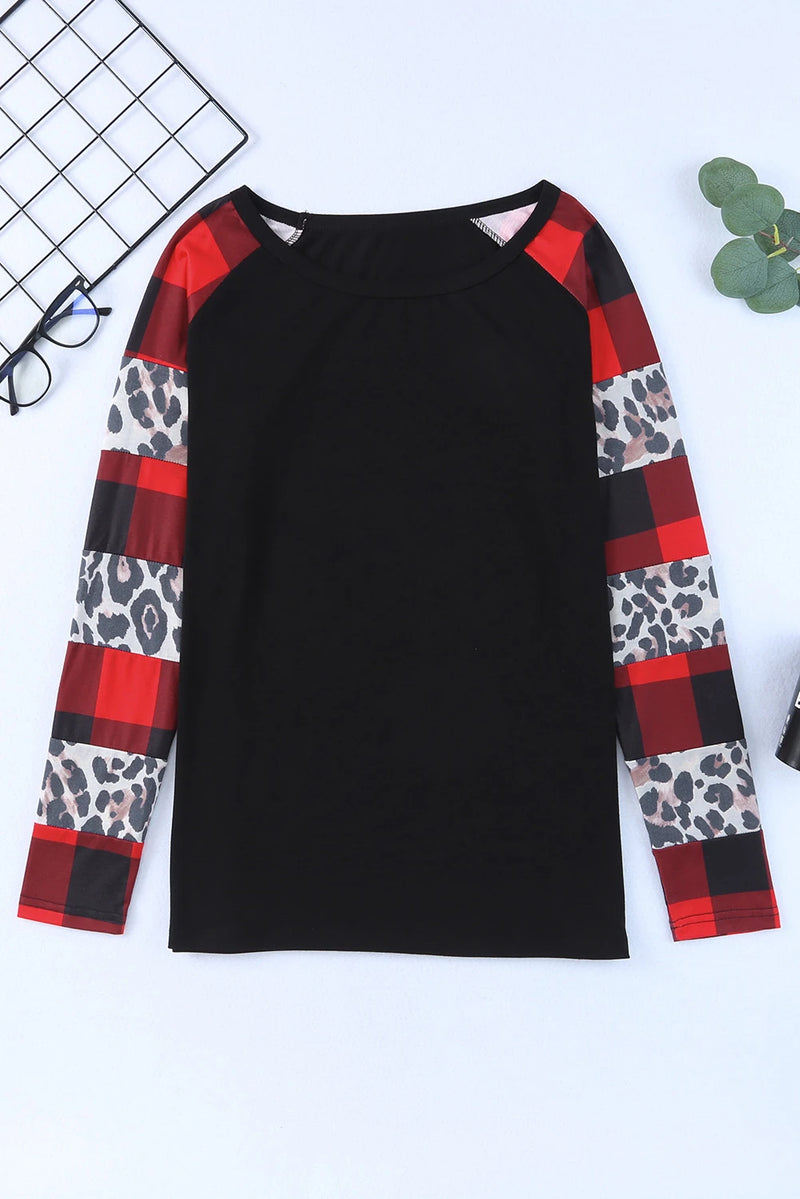 Load image into Gallery viewer, DLLS277 - Ladies Black Off Shoulder Plaid &amp; Leopard Print Long Sleeve Top
