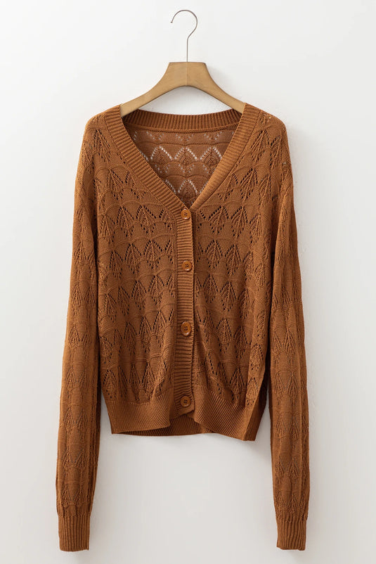 DLLS133 - Ladies Brown Lightweight Buttoned Front Crochet Cardigan